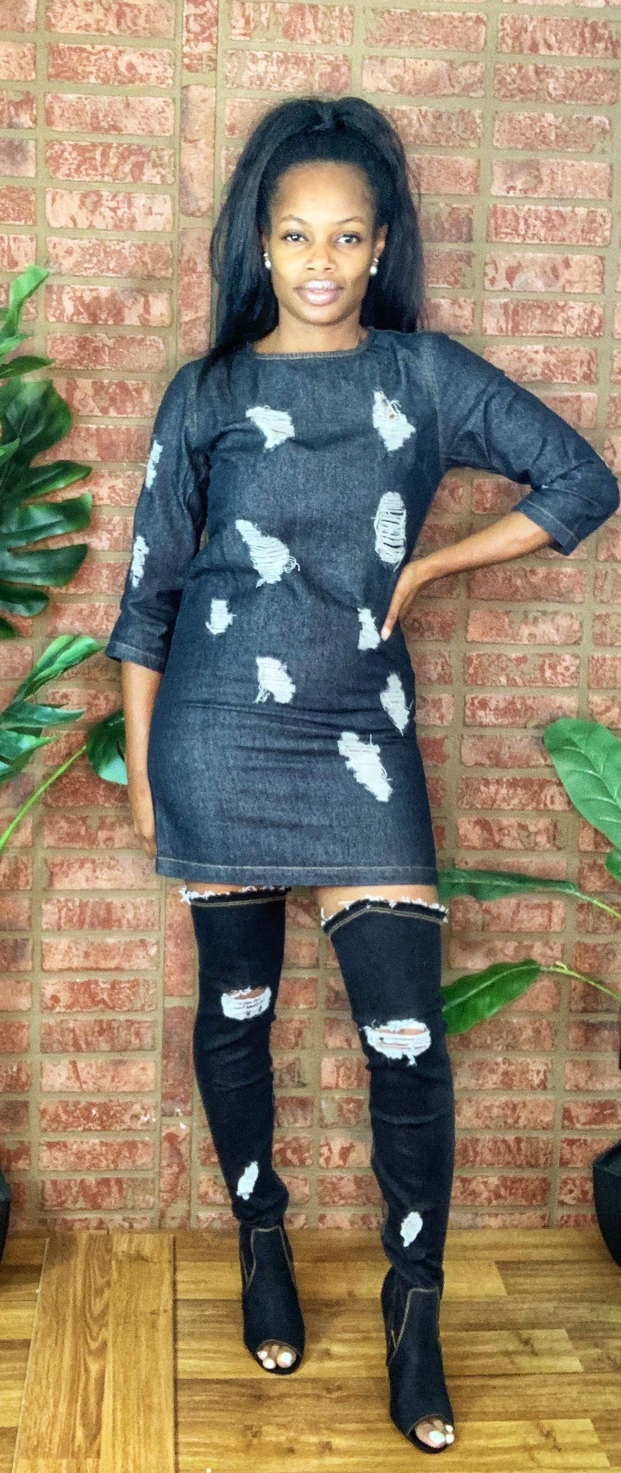 Denim Distressed Mini Dress M Denim Distressed Mini Dress M